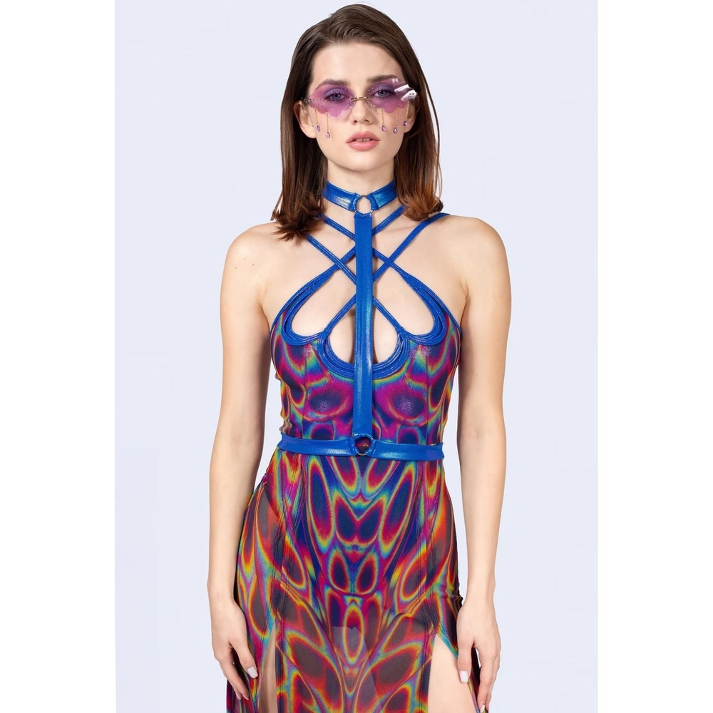 Badinka Psychedelic Rave Bodysuit Maxi Dress Blue Harness Straps Medium